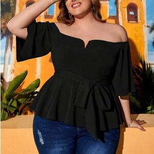 Plus Off Shoulder Butterfly Sleeve Belted Ruffle Hem Blouse